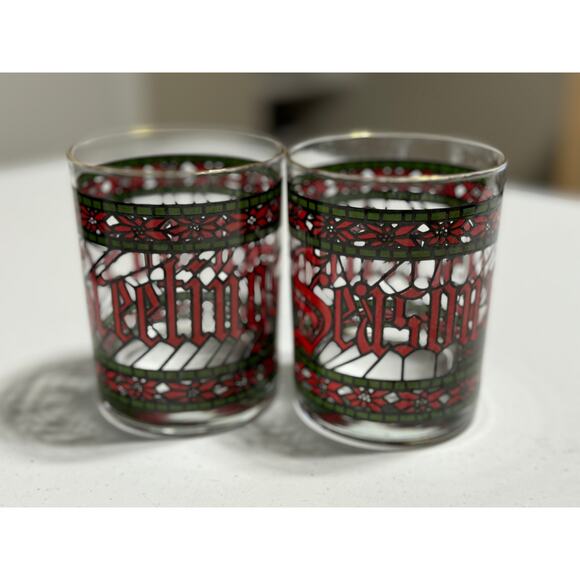 Houze Vintage 1970's Season's Greetings Rocks Bar Glasses - Picture 2 of 4